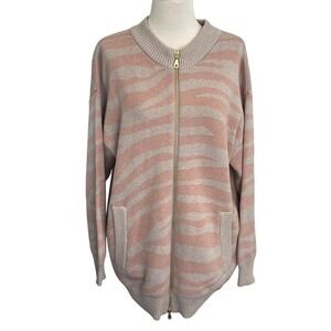 Varley Sweater Pink Beige Zebra Stripe Zip Front Knit Cardigan Merino Wool Blend